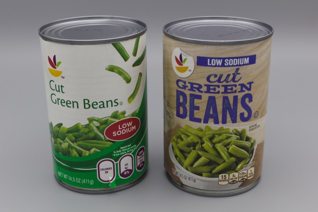 Low sodium green beans cans: old design on left, new design on right