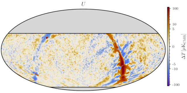 A CMB map in equatorial coordinates is shown under Mollweide projection. Data are shown for around 70% of the sky, and the Galactic plane is visible. The new colormap discussed in this blog post is used, starting from blue to a warm light gray and then to red.