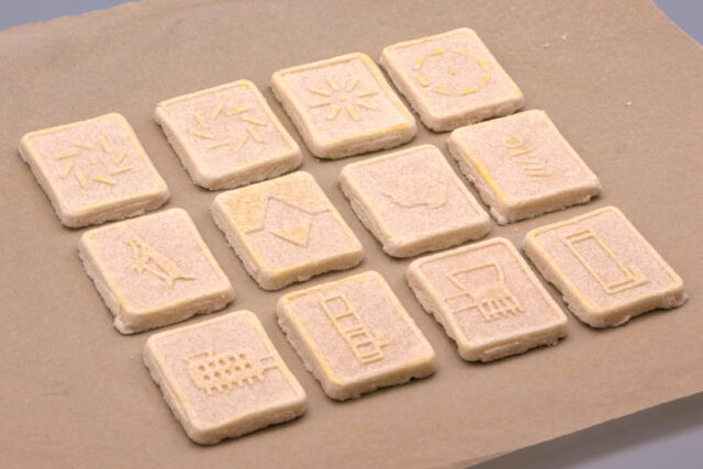 A dozen butter cookies arranged in a grid on parchment paper, with E- and B-mode polarization patterns, Antarctica themes, and BICEP themes as raised designs